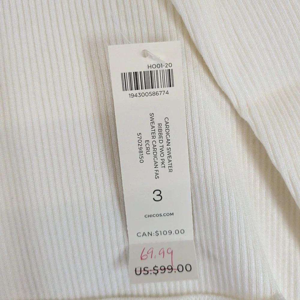 Chicos Ecru Ribbed Two Pocket Cardigan Sweater Size 3 XL New 570298150
